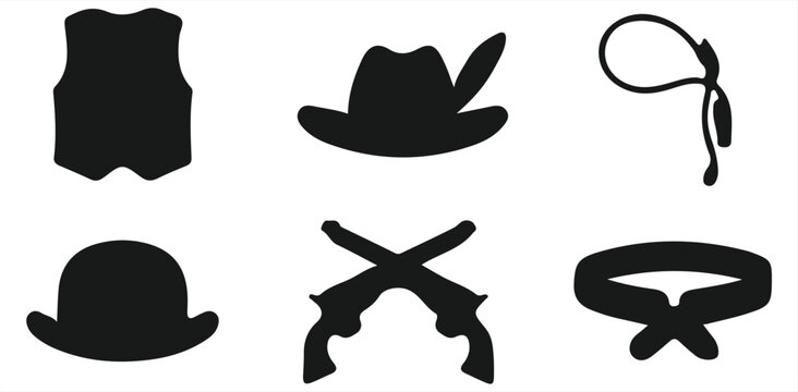 Wild West cowboy icons set with vest hat lasso bowler pistols revolvers bandana rope silhouette black western frontier old west gun leather clothing accessories
