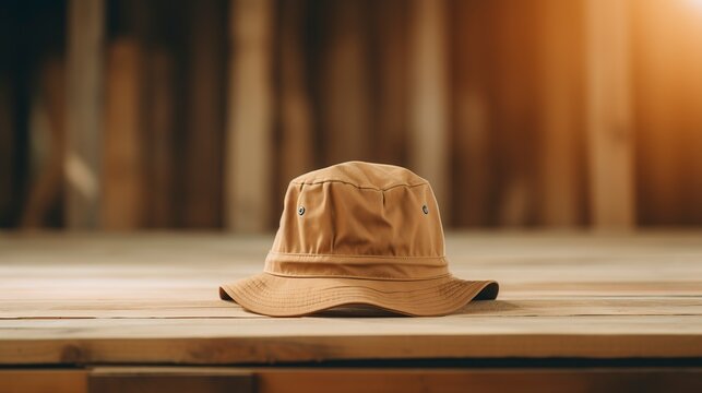 A photo of a tan bucket hat on a wooden table.