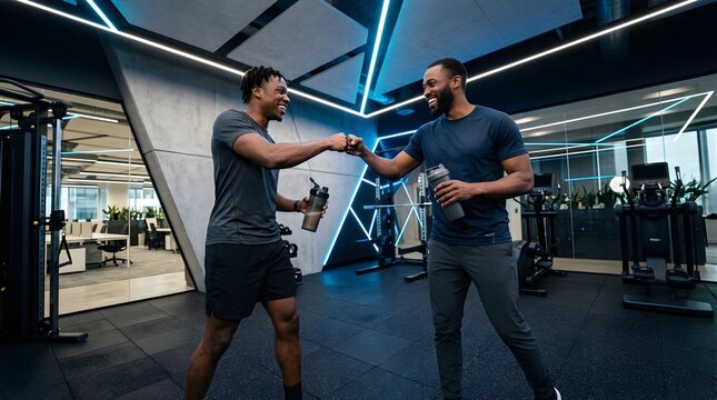 Two men fist bump celebrating workout success in a modern corporate gym