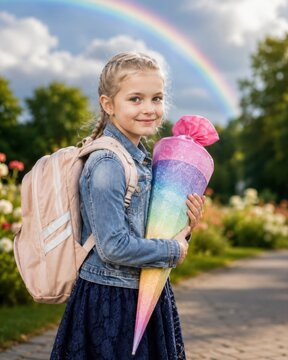 Erster Schultag in Deutschland: Ein gl&uuml;ckliches M&auml;dchen mit Schulranzen und bunter Schult&uuml;te steht unter einem leuchtenden Regenbogen und blickt voller Vorfreude in die Zukunft.