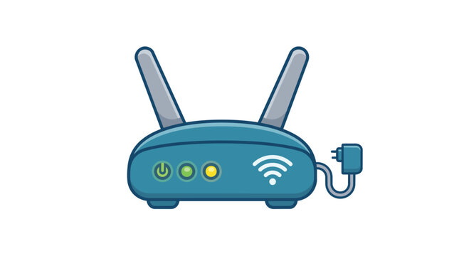Cartoon style blue wifi router illustration, wireless internet network device icon on white background, modern communication technology concept