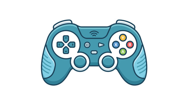 Cartoon style blue wireless gamepad controller illustration, video game console joypad icon on white background, gaming entertainment concept