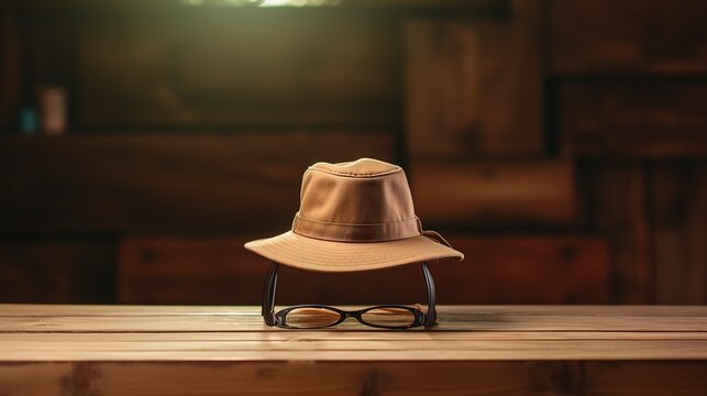 A photo of a tan bucket hat on a wooden table.
