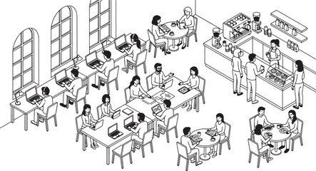 Obraz premium Isometric coffee shop interior with people working on laptops and drinking beverages in black and white line