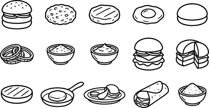 Burger ingredients and fast food cooking line icon set featuring hamburgers cutlet egg onion rings sauce skillet wrap and seasoning bowl for restaurant menu website application interface