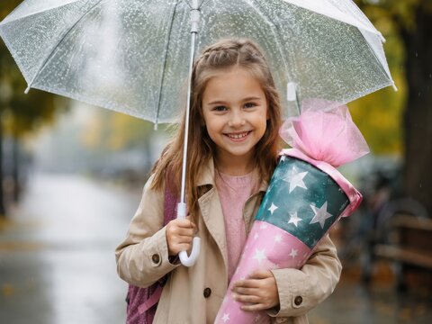 Einschulung bei Regen in Deutschland: Ein M&auml;dchen steht mit transparenter Regenjacke, Schirm und Schult&uuml;te gut gelaunt auf dem Weg zum ersten Schultag.