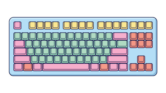 Cute pastel cartoon style mechanical keyboard illustration, colorful computer typing device icon on white background, gaming peripheral concept