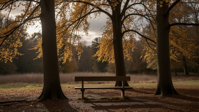 A wooden park bench sits serenely on a dirt path surrounded by three large trees with golden-yellow leaves in an autumnal forest.