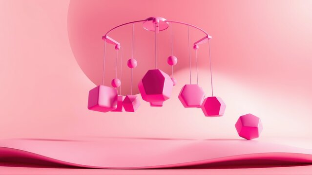 Pink mobile hangs above wavy surface. Geometric shapes dangle, creating soft, playful composition. Minimalist aesthetic, pastel tones dominate scene.