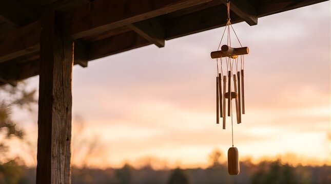 Wooden wind chime hanging on a porch during a calm sunset outdoors