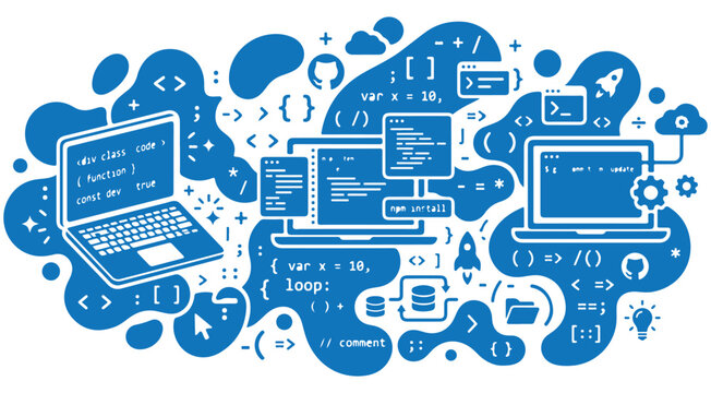 Software development and coding vector illustration with laptops, code syntax, database, and programming icons on abstract blue shapes