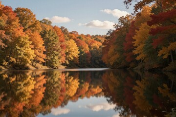 Obraz premium A serene autumn forest is reflected perfectly in the tranquil river's calm waters on a crisp day under a clear blue sky with scattered white clouds.