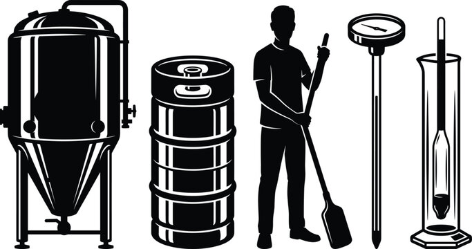 Craft brewery equipment vector set with fermenter tank, keg, brewer, thermometer, and hydrometer