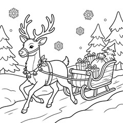 Obraz premium Christmas Reindeer with Sleigh and Gifts Coloring Page