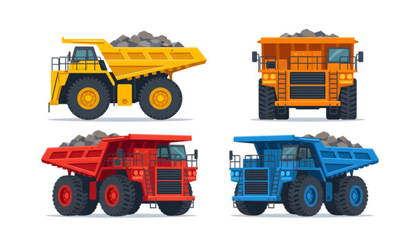 Collection of colorful mining trucks with rocks in their beds.