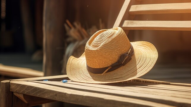 A photo of a tan sun hat on a wooden chair.