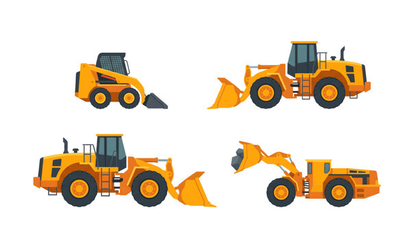 Collection of four Construction Vehicles on White Background.