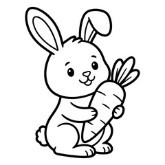 Adorable little bunny rabbit holding a carrot, simple black and white line for kids coloring book page isolated on white