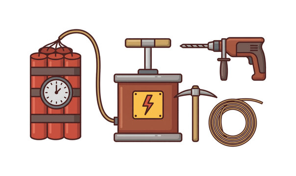 Collection of explosive dynamite and industrial tools illustration.