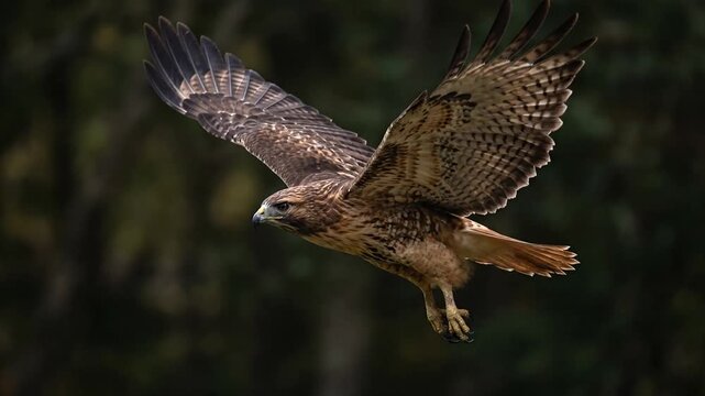 Red tailed hawk flying through a forest with wings spread wide