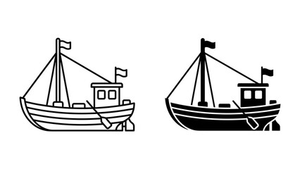 Fishing Boat Icon Set: A pair of stylized icons depict a classic fishing boat, one in line art and the other as a solid silhouette, ready for maritime use. © Tareq
