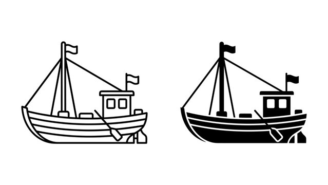 Fishing Boat Icon Set: A pair of stylized icons depict a classic fishing boat, one in line art and the other as a solid silhouette, ready for maritime use.