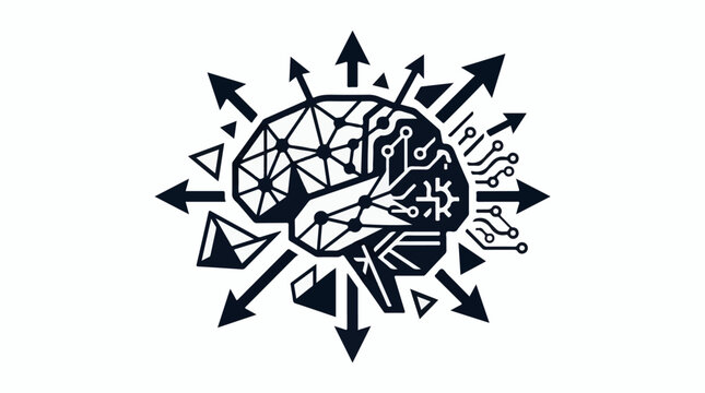 Digital brain with expanding arrows and geometric shapes
