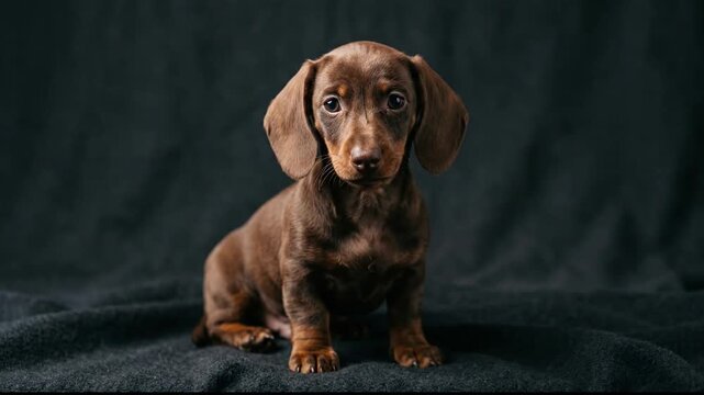 Chocolate dachshund puppy sitting on dark textile background