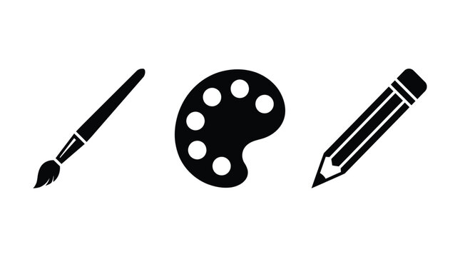 Black icons of paintbrush palette pencil