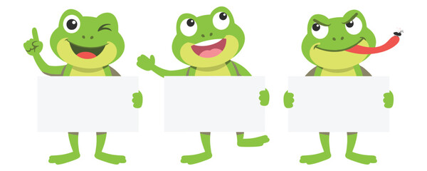 Fototapeta premium Funny cartoon frogs holding blank signs with expressions.