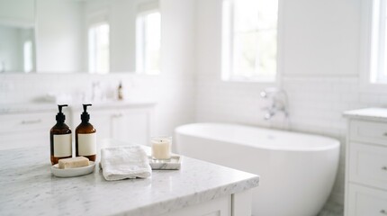 Fototapeta premium Modern White Bathroom with Marble Counter and Spa Essentials for Wellness Design