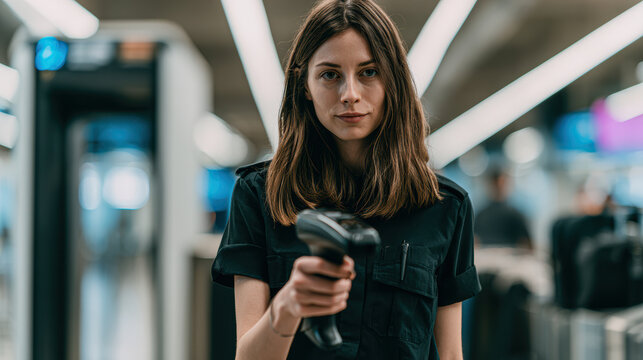 A woman scans a ticket with a handheld barcode reader in a modern, brightly lit subway station corridor.