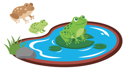 Cute cartoon frogs sitting near pond on lily pad in tranquil water spot. © MDTAZBIRHOSSAIN
