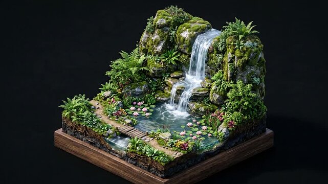 Isometric 3D diorama of a tropical waterfall with lilies and wooden bridge