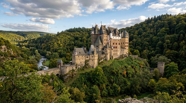 Majestic Eltz Castle perched on forest-covered hill above winding river,