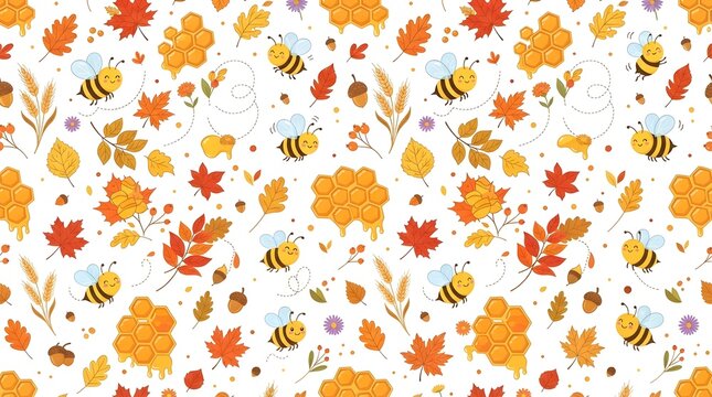 Festive thanksgiving background with bees honeycombs autumn leaves seamless pattern