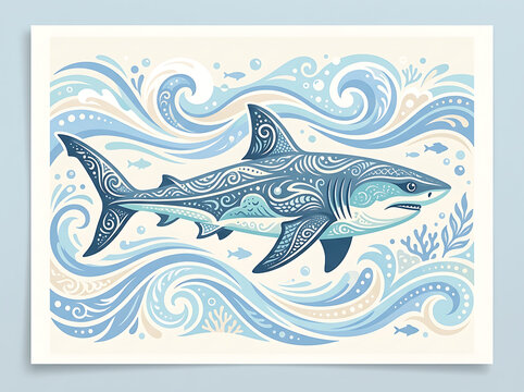Stylized shark art print with intricate ornamental patterns swimming in ocean waves illustration