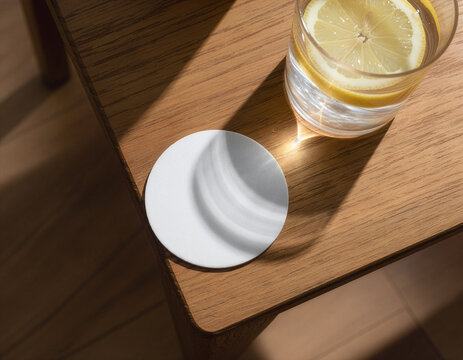 White round drink coaster mockup template with water glass and sunlight