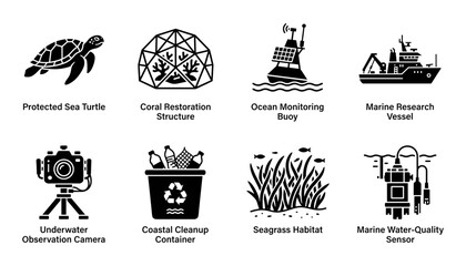 Protected Sea Turtle and Marine Conservation Icons Including Coral Restoration, Monitoring Buoys, Research Ves © MDOhidur