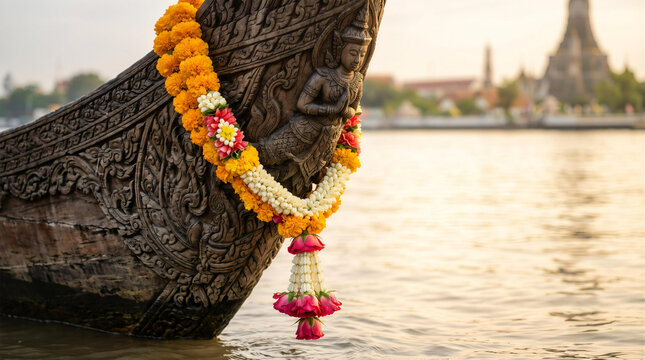 Traditional carved wooden boat prow decorated with thai flower garland on river and temple background