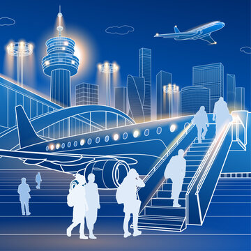 Modern passenger airplane boarding at an international airport with illuminated control tower and city skyline. Blue outline vector illustration of aviation, air travel and smart urban infrastructure.