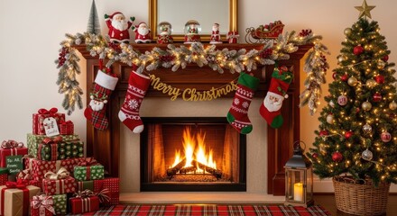Fototapeta premium A warmly decorated fireplace creates a cozy Christmas scene. A roaring fire glows within the hearth, illuminating a garland adorned with 