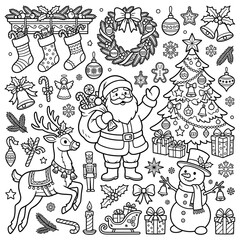 Fototapeta premium Christmas Doodles Collection Black and White Line Art