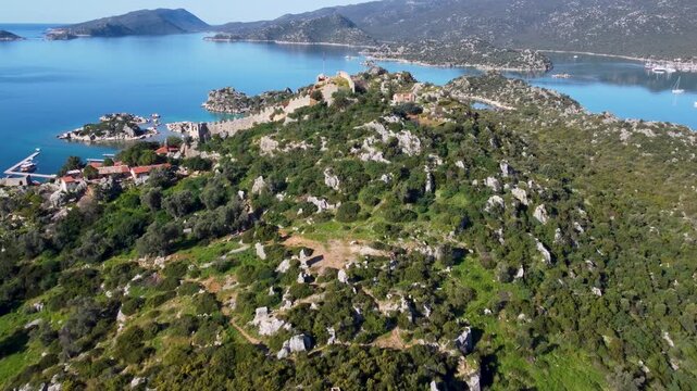 Aerial flyover of Simena castle on Kekova island in Turkey