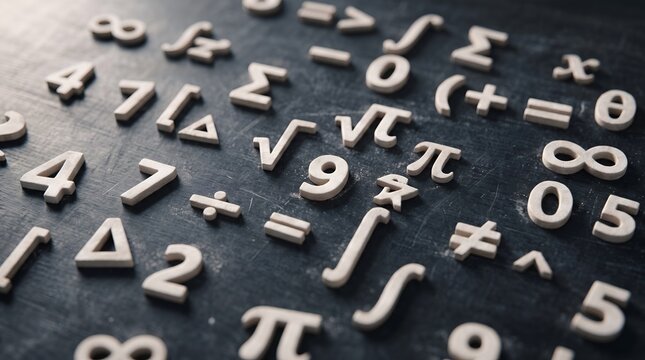 Math symbols and wooden numbers scattered on dark chalkboard background.