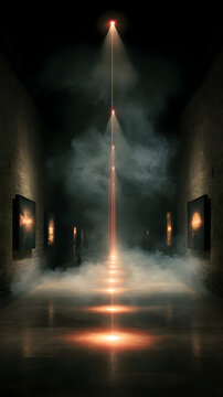 Corridor illuminated by a singular vertical beam of light creates a mysterious atmosphere within the dark architectural space.