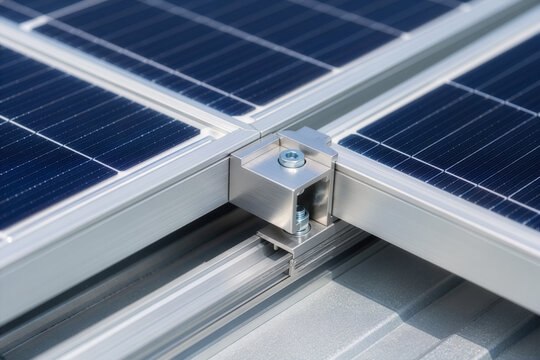 Close-up of an aluminum mid clamp fastener securing solar panels onto a rooftop mounting rail.