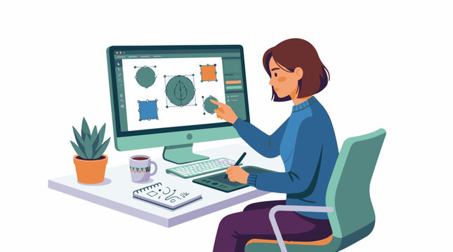 Designer creating leaf logo on computer with drawing tablet and coffee