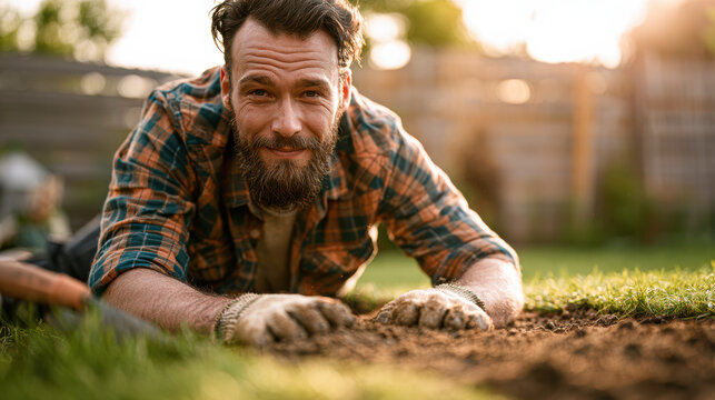 Man with beard and plaid shirt gardening, smiling while working in soil outdoors during golden hour sunlight.