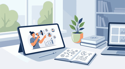 Fototapeta premium Desk scene with tablet showing person with megaphone notebook books plant and laptop